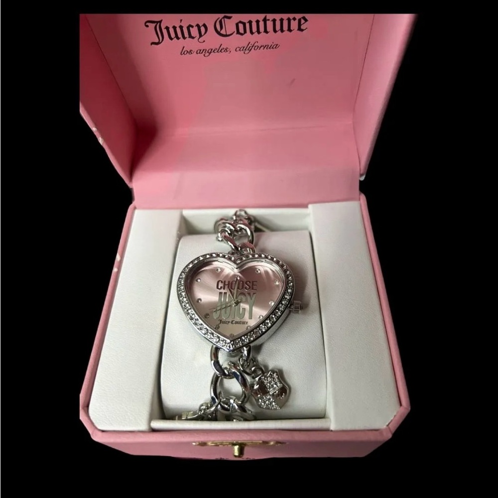 Juicy Couture Silver and Pink Heart Charm Bracelet